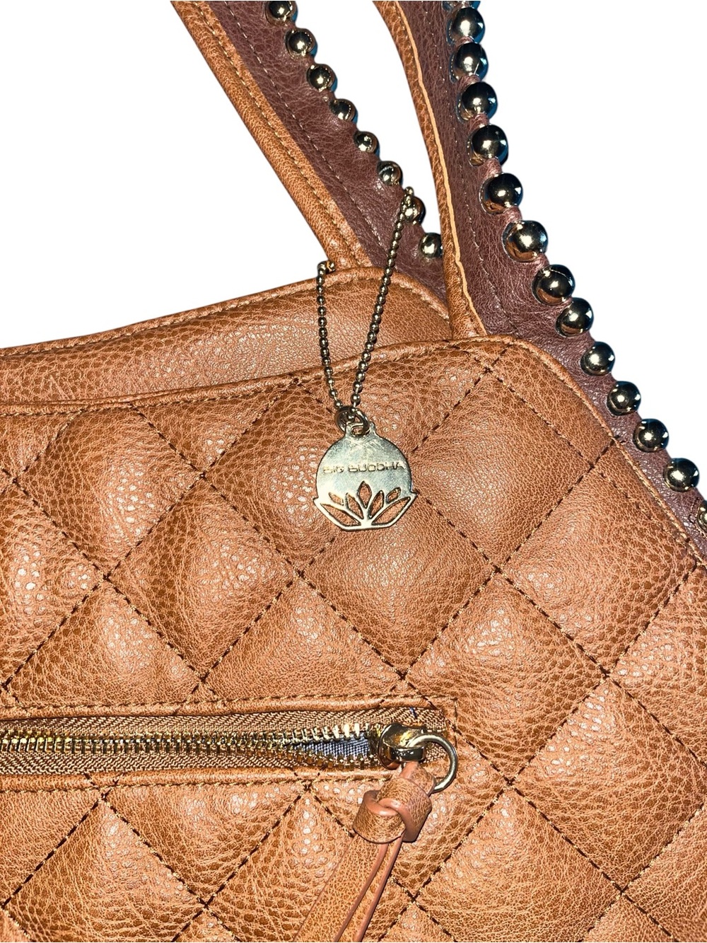 Big Buddha Quilted Stud-Trim Tan Tote. - Picture 2 of 6
